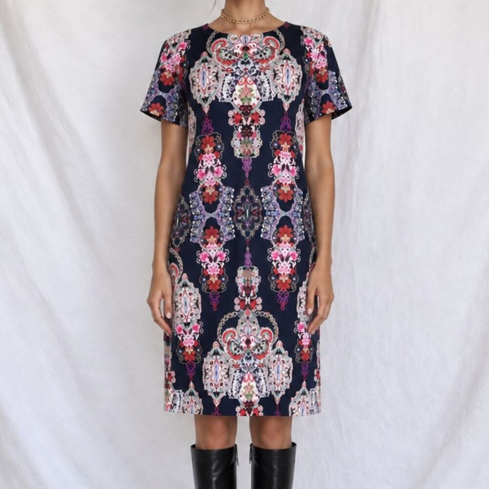 Vintage Y2K 90s Navy Blue Short Sleeve Knit Ornate Floral Print Shift Dress M